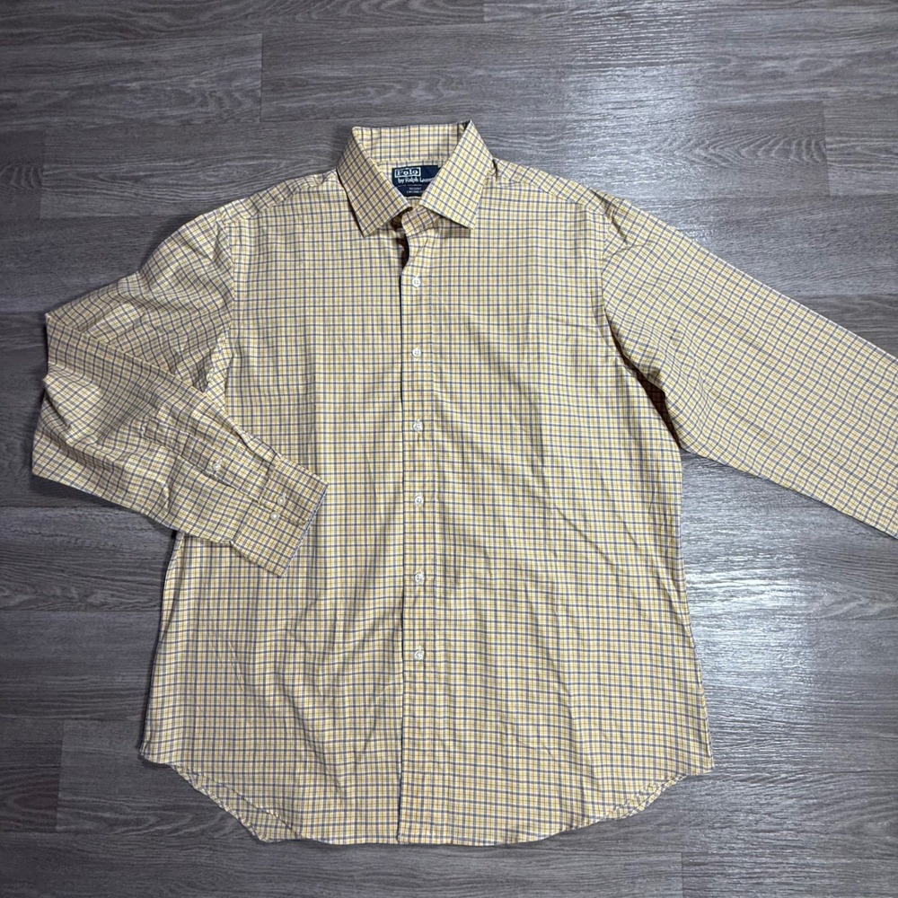 Polo Ralph Lauren Regent Custom Fit Shirt Mens 17 36/37 Yellow Blue Plaid Cotton